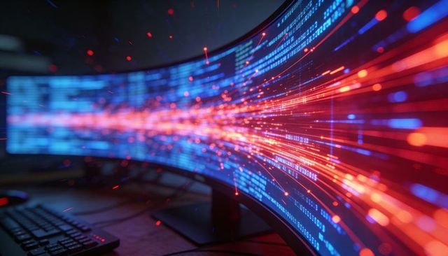 Curved ultrawide monitor showing neon data stream with red-orange light trails and code