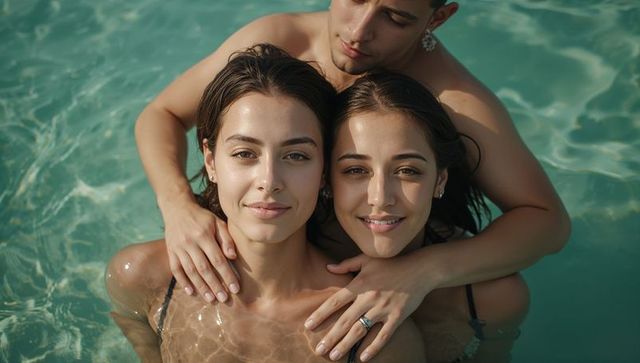Sunlit trio embracing in clear pool water, wet skin, bikini straps, silver ring