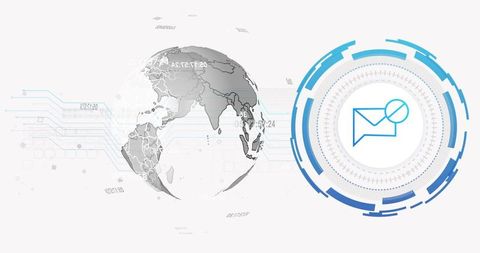 Global connectivity dashboard displaying envelope notification HUD with world map and circuitry