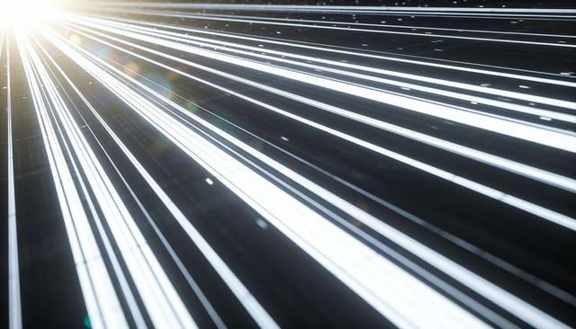 Converging light beams from top left with lens flare and glossy diagonal lines