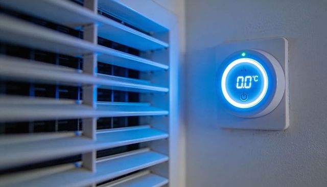 Smart thermostat displaying 0.0°c with glowing cyan led beside adjustable air vent