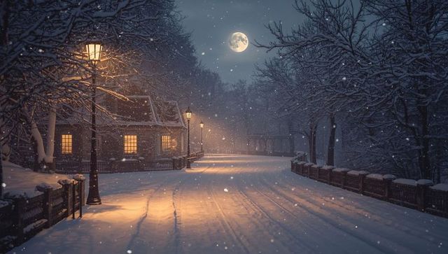Serene snow-covered lane with moonlight and vintage street lamps