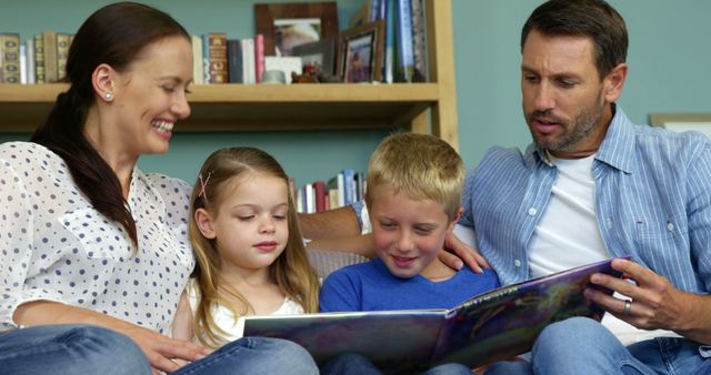 Happy Family Reading Together on Couch at Home - Download Free Stock Images Pikwizard.com