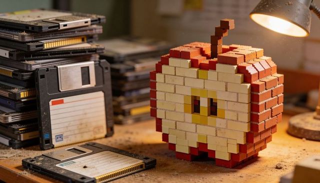 Pixelated brick apple sculpture on dusty workbench with vintage floppy disks and warm lamp