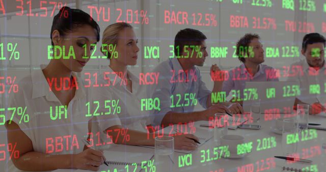 Group of financial analysts monitoring stock prices displayed on digital screen in corporate office. Ideal for articles on financial markets, business strategies, investment opportunities, market analysis, and economic trends.