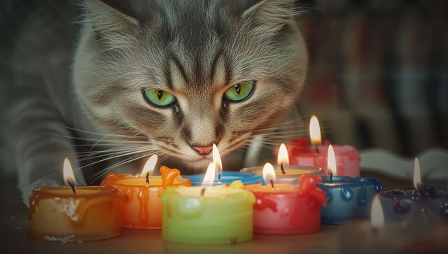 Gray tabby cat sniffing lit colorful drip candles