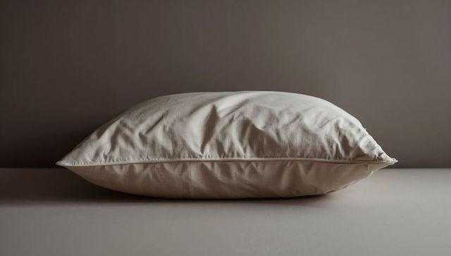 Minimal cream pillow with piped seam and removable cover on neutral tabletop
