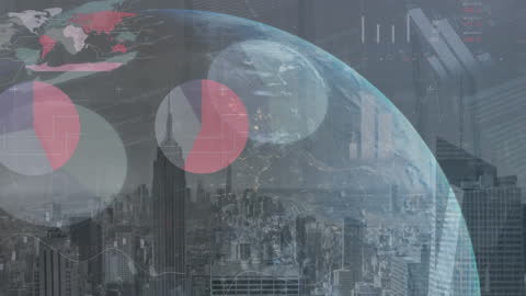Futuristic Data Overlaid on Global Cityscape Visualizing Analytics