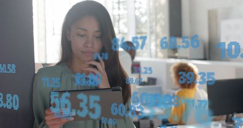 Businesswoman analyzing real-time financial data on tablet