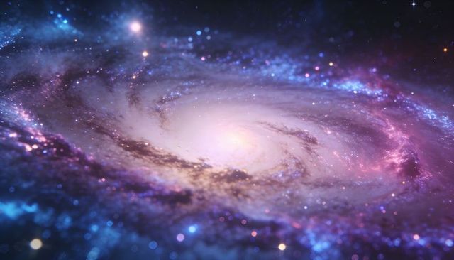 Spiral galaxy rotating with luminous core and colorful nebulae in deep space