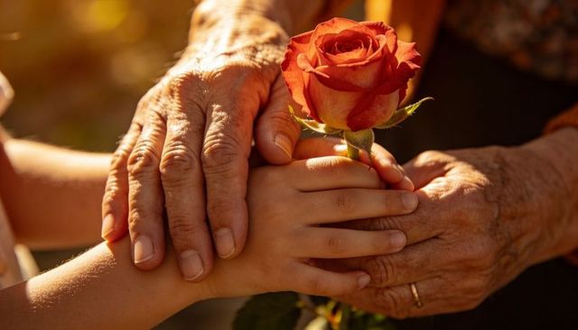 Grandparent and child hands holding orange-red rose in warm golden light showing wedding band
