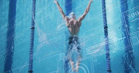 Swimmer with Digital Overlay Showcasing Technological Engagement