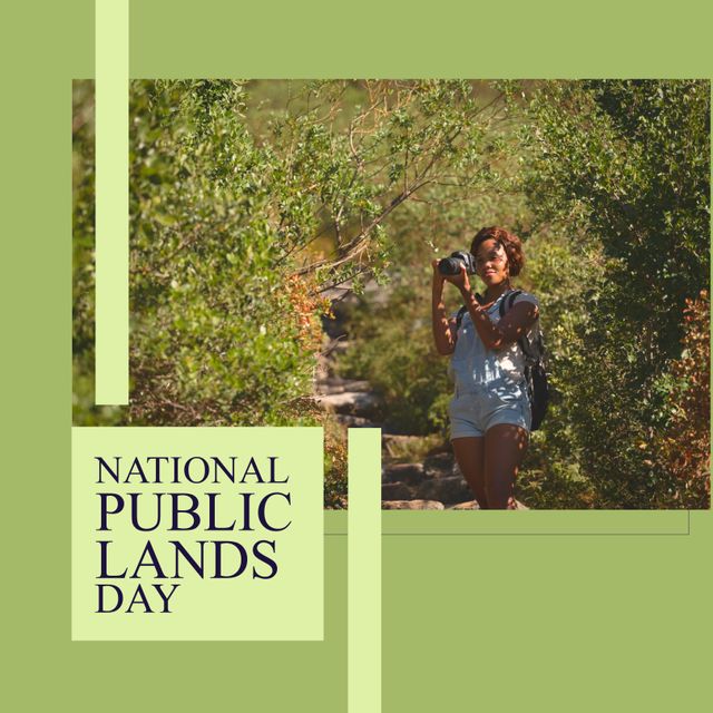 Composition of national public lands day text with african american woman on green background. National public lands day and celebration concept digitally generated image.