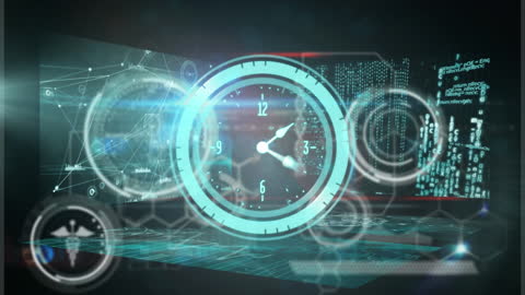 Digital Interface and Clock Animation Over Data Layers