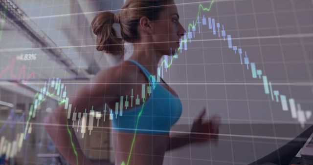Image of financial data over Caucasian woman running on treadmill in the background. Global business finance network interface concept digital composite.