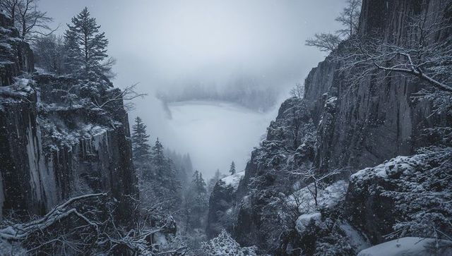 Snowfall over Frozen Circular Basin Between Snow-Capped Cliffs, Misty Canyon Overlook