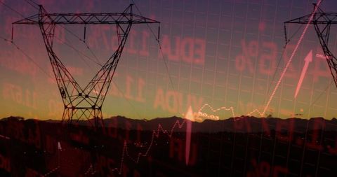 Electric transmission towers silhouetted at sunset with rising financial graph overlay