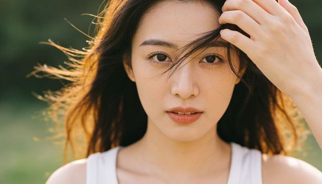 Close-up portrait of asian woman touching hair bathing in golden backlight with soft bokeh