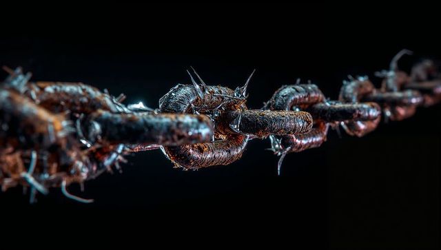 Macro corroded chain with rusted links, frayed fibers and pitted metal texture