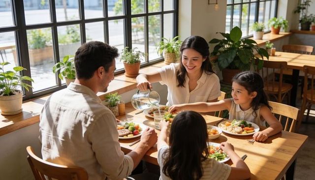 Family sharing meal in sunlit cafe, mother pouring water at wooden table