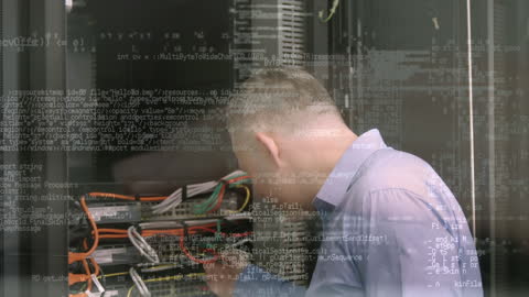 IT Technician Managing Server Rack with Data Visualization Overlay