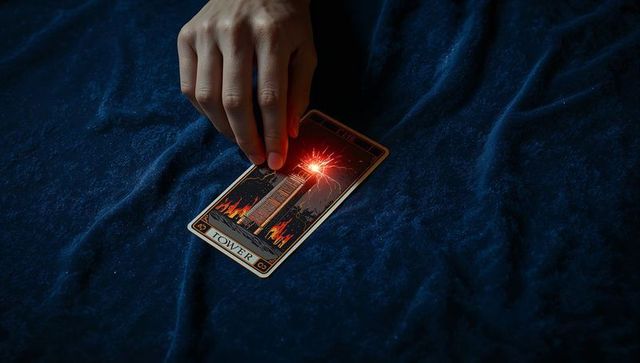 Hand hovering over glowing tower tarot card on dark blue velvet for mystic reading