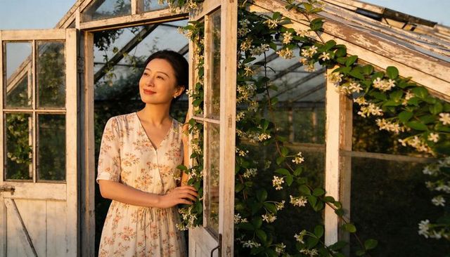 Sunlit asian woman standing in rustic greenhouse doorway touching white jasmine vine