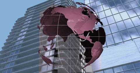 Digital globe overlay on urban skyscrapers symbolizing global business connections