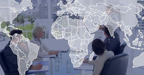 Global Strategy Meeting in Boardroom with World Map Overlay for Corporate Growth