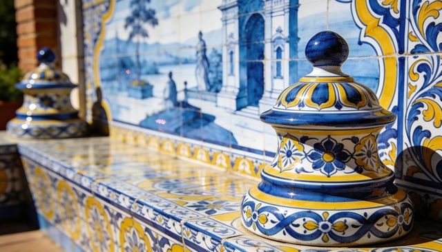 Sunlit blue and yellow glazed ceramic finial on ornate azulejo tiled bench with mural