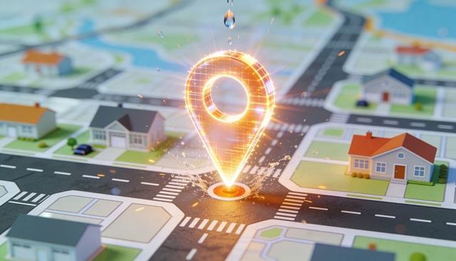 Hovering holographic location pin over suburban map diorama creating droplet splash