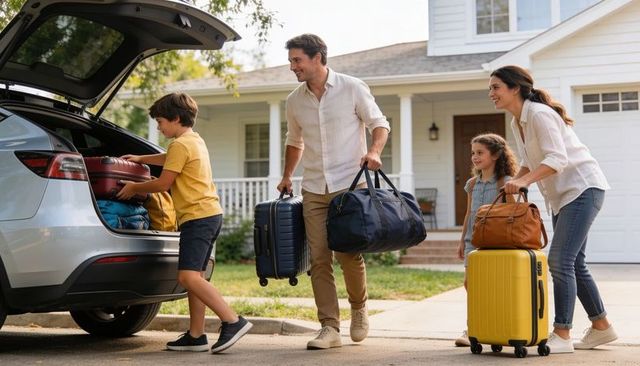 Family packing luggage into car on suburban driveway preparing for vacation