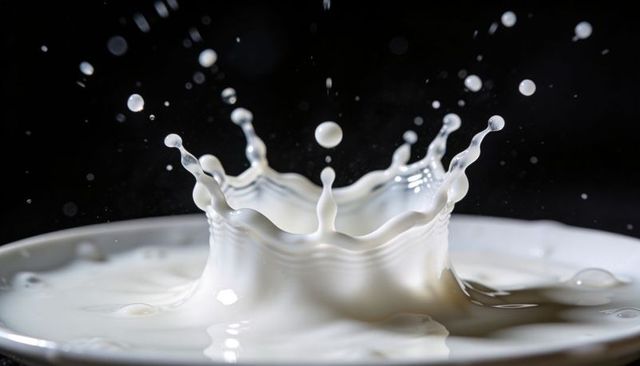 High-speed milk crown splash forming with droplets and reflections on black background