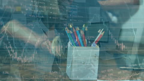 Financial Analysis Overlays with Box of Pencils and Laptop User