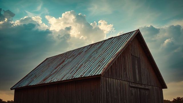 Rustic Barn with Metal Roof Under Dramatic Cloudscape