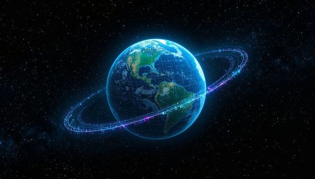 Neon digital earth with glowing orbital ring showing americas, global data network