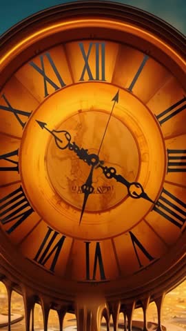 Molten Gold Roman Numeral Clock Dripping Liquid Metal with Slowly Advancing Hands Vertical