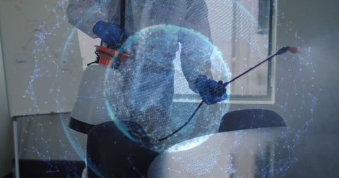 Digital globe and protective suit in office disinfection concept