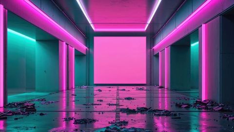 Futuristic Neon-Lit Hall with Glowing Pink and Teal Lights