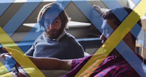 Diverse Professionals Engaged in Innovative Discussion with Digital Overlay