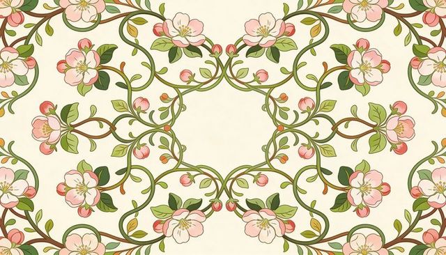 Seamless vintage floral medallion pattern featuring pink blossoms and curling vines