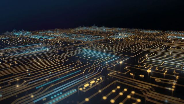 Glowing Gold and Cyan Circuit Traces Illuminating Futuristic PCB Landscape in Low Light