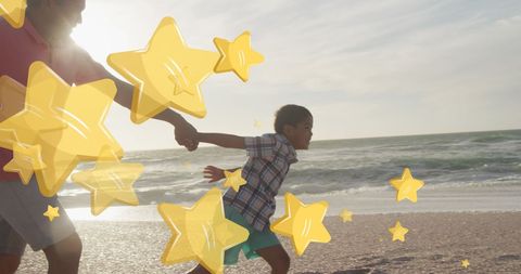 Family fun at beach with overlayed stars illustrating joyful celebration