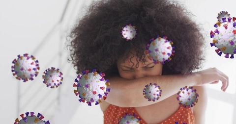 Woman Practicing Hygiene in Covered Space with 3D Virus Particles