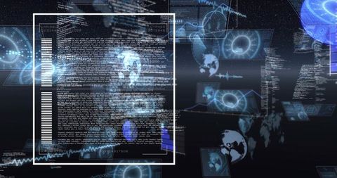 Displaying central HUD panel in 3D cyber data space with holographic screens and globes