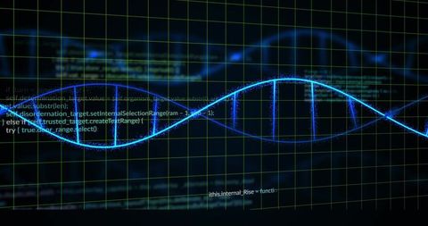 Pulsing Neon DNA Helix Hologram with Gridlines, Particle Sinewave and Code