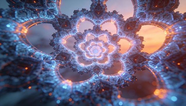 Glowing fractal mandala radiating blue-orange filigree geometry and luminous rosette art