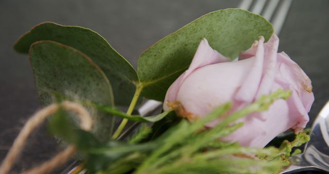 A delicate pink rosebud is presented on a silver fork, surrounded by green leaves, with copy space. It's an artistic representation of nature combined with culinary elements, suggesting a celebration or an elegant event.