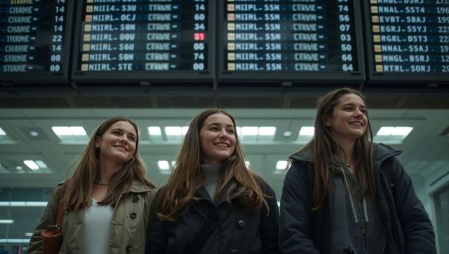 Three young women smiling under departure board at airport, carrying tan bag and backpacks