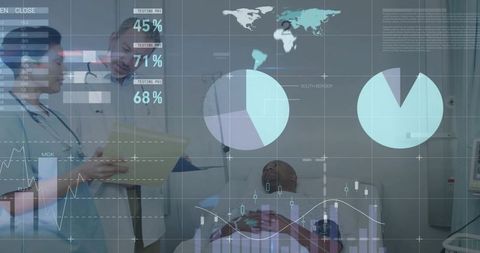 Healthcare Professionals Analyzing Patient Data in Hospital Room with Digital Overlays